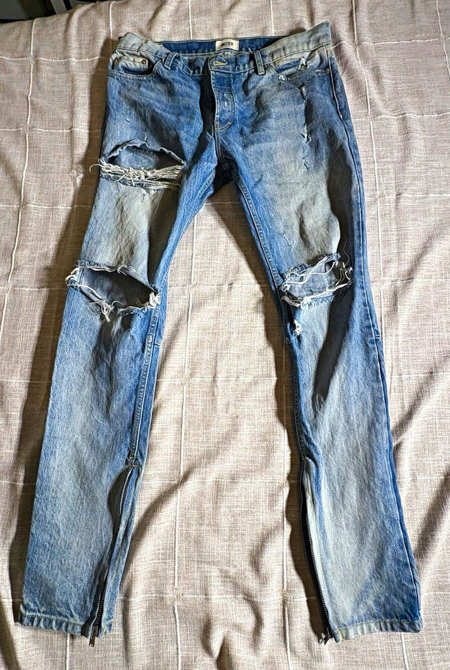 MINTCREW Men’s Biker Slim Jeans Light Wash Distressed Denim 36x34 Ankle Zip